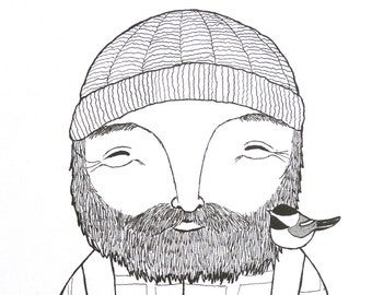 Lumberjack Print, Black & White Ink Drawing Wall Art, Unique Birthday Gift, Folk art Rustic Home Décor, Bearded man with Chickadee, Dad gift