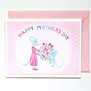 Cartão de Dia das Mães de Rato, Ratos de Arte Naïf com Flores, Cartão de Estilo de Desenho Infantil, Cartão Bonito para Mãe de Crianças, Presente Rosa Pastel para Mamãe
