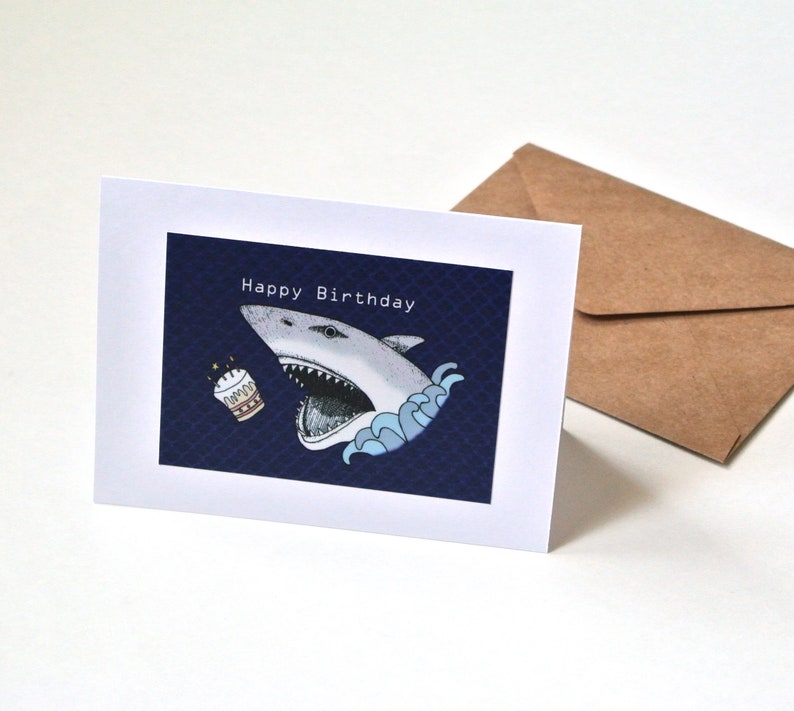 Shark Birthday Card, Funny Birthday Card, Shark Lover gift, Men Birthday Gift, Dark Art Print, Ocean Beach Lover Gift, Custom Message Card image 2