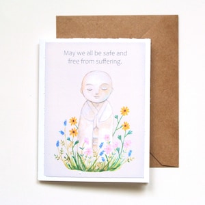 Carte de bénédiction Jizo pacifique, carte de sympathie bouddhiste, soyons tous en sécurité, carte d'encouragement, voeux spirituel avec des fleurs, cadeau attentionné
