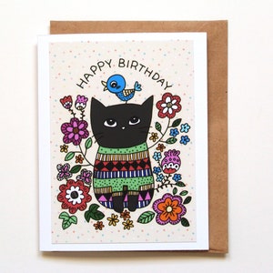 Carte d'anniversaire chat noir, carte d'anniversaire drôle, cadeau pour amoureux des chats, carte d'anniversaire florale personnalisée, oiseau bleu du bonheur, style maximaliste