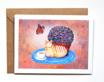 Cat Art Autumn Greeting Card, Monarch butterfly Orange Tabby & Potted Flowers