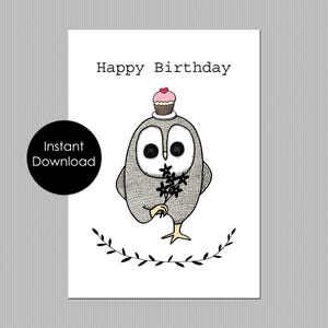 Cartão de aniversário de coruja para impressão, cartão de aniversário gótico, cartão de aniversário engraçado, arte de coruja fofa e assustadora, download instantâneo, presente de última hora para ele, MiKa