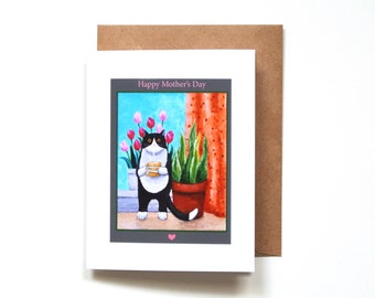 Happy Mothers Day Card, Spring Flowers and Tuxedo Cat with Coffee, Cat lover Mom gift, Plant Art Print, Custom Message Card for Her, MiKaArt