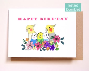 Cockatiel Birthday Card, Instant Download Printable Card, Cockatiel Budgie Lover Gift, Happy Bird Day, Cute Pet Bird Portrait, Digital print