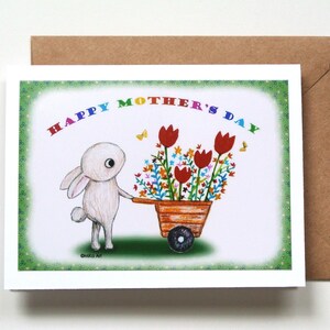 Carte de fête des mères lapin, cadeau pour maman amateur de jardin, joyeuse fête des mères, carte de maman florale joyeuse et lumineuse, cadeau de fête des mères grand-mère