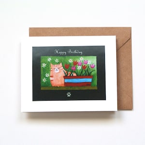 Carte d'anniversaire chat tigré orange, cadeau pour amoureux des chats, anniversaire de maman chat, carte d'anniversaire fleurie printanière pour femme, cadeau pour amateur de jardin, carte message personnalisée