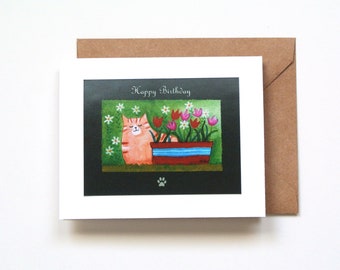 Orange Tabby Cat Birthday Card, Cat Lover Gift, Cat Mom Birthday, Spring Floral Women Birthday Card, Garden Lover Gift, Custom Message Card