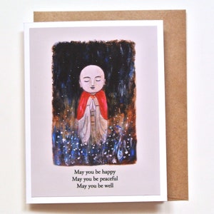 Carte d'art Jizo, carte de script de méditation Loving Kindness, art zen japonais Jizo Buddha, carte d'amitié, cadeau bien-être, cadeau de soutien au rétablissement