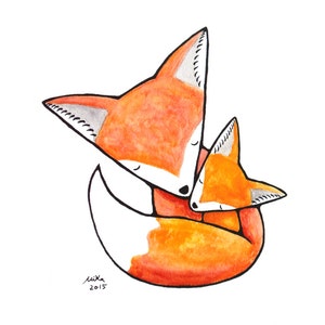 Fox Mom and Baby Print, Woodland Nursery Wall Art, Baby Shower Gift