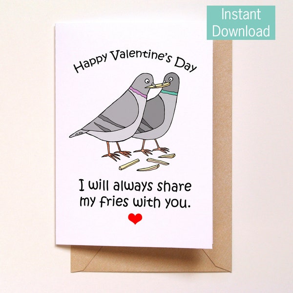 Printable Valentines Day Card, Funny Pigeon Art, Instant Digital Download, Fast-food French Fries Lover Card, Last minute gift, Quirky Card