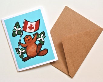Canadian Gift for Friend, Funny Birthday Card from Canada, Canadian Mothers Day Card, Beaver with Maple Leaf Flag, Cute Canadian Folk Art,