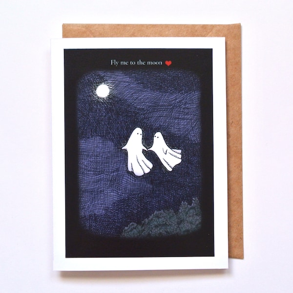 Creepy Cute Ghosts Flying to the Moon, Gothic Valentine card, Love/Friendship Halloween Card, Gothic Dark Art, Anniversary card for him/her