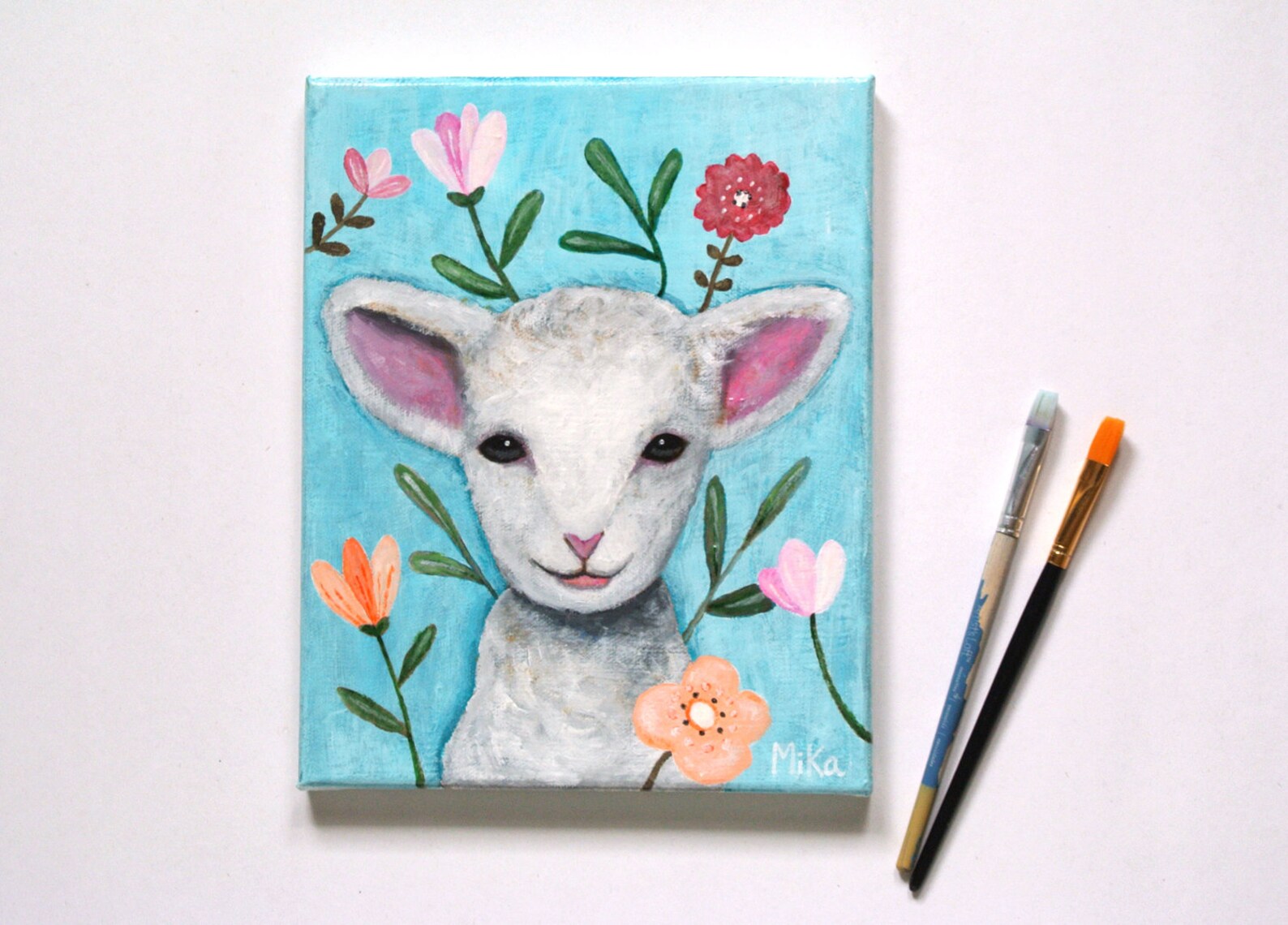 Lamb Original Painting on Canvas Sheep with Flowers Art Etsy