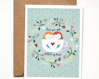 Funny Owl Anniversary Card, Owl Couple in Cup, Love Pun