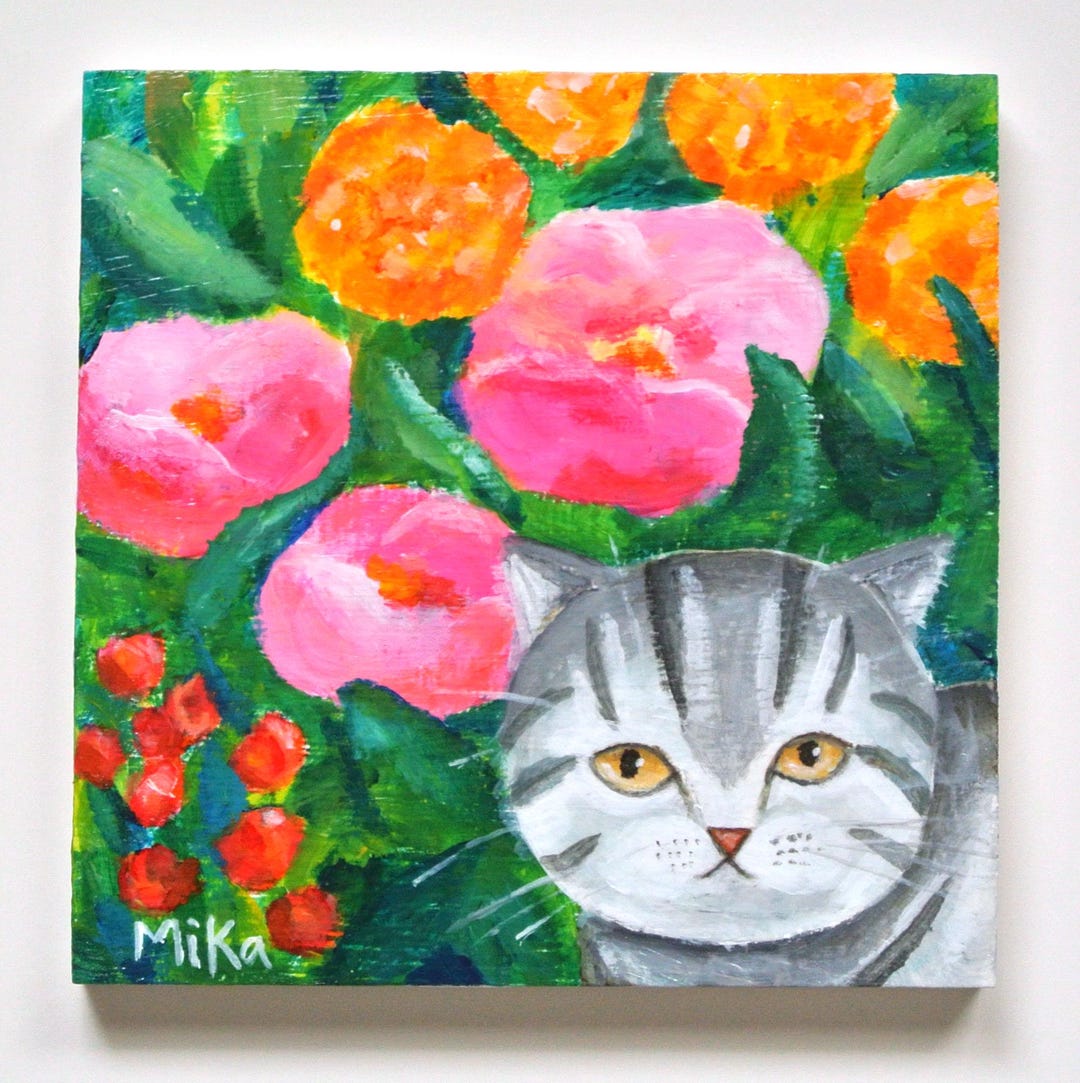 Gray Tabby Cat Floral Acrylic Painting, Original Cat Folk Art on Wood ...