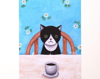 Tuxedo Cat Coffee Art Print, Kitchen Wall Decor