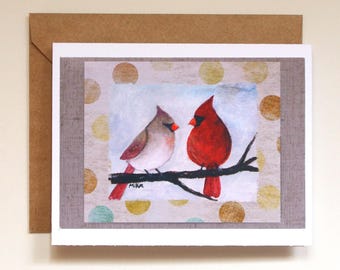Cardinal Couple Greeting Card, Handmade Red Bird Art notecard