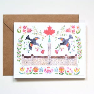 Carte de voeux du Parlement canadien, art inspiré du festival des tulipes, carte souvenir d'Ottawa, printemps canadien avec oiseau et fleurs, art folklorique canadien