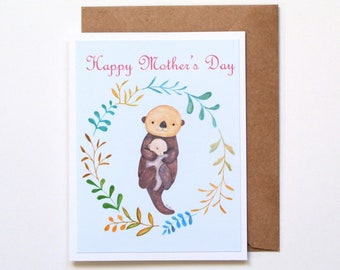 Otter Mothers day card, Cute Animal Card, Sweet Otter mom holding baby, Nautical Happy Mother's day card,  Nature Lover Mum gift, Otter gift