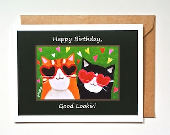 Funny Cats Birthday Card, Cute Cat With Heart Glasses, Cat Lover Gift, Cute Kitten Art, Orange tabby Cat, Tuxedo Cat, Friends Birthday Gift