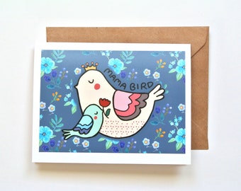 Bird Mothers day card, Quirky Card for Her, Mama Bird, Cute Bird card, Folk Art Bird, Floral card for mom, I Love you mom, Mom birthday Gift