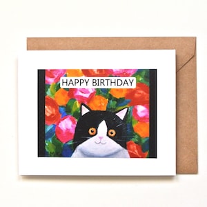 Carte d'anniversaire chat, carte d'anniversaire art floral coloré lumineux, cadeau pour amoureux des chats, portrait de chat smoking, cadeau d'anniversaire d'un ami, carte de message personnalisée