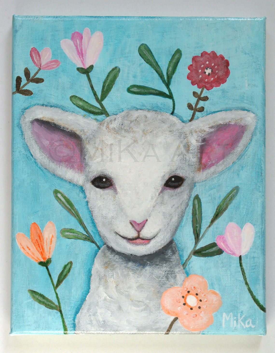 Lamb Original Painting on Canvas Sheep with Flowers Art Etsy