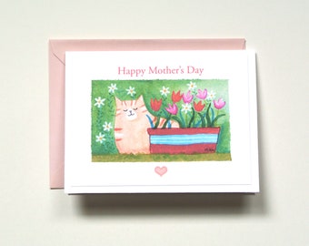 Orange Tabby Cat Mothers Day card, Cat Mom gift, Floral Garden art card, Thank you card for Mother-in-law, Stepmom, Grandmother, Godmother