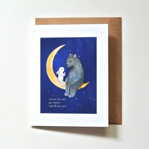 Carte d'amour ours et lapin, tu es mon soleil ma lune, citation d'EE Cummings, cadeau d'anniversaire, carte de Saint-Valentin, anniversaire de petit ami/petite amie, MiKa