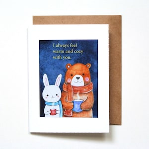 Carte de voeux chaleureuse et confortable faite main, illustration mignonne d'ours et de lapin, oeuvre d'art originale, pas d'IA, carte amour & amitié, carte d'anniversaire petit ami
