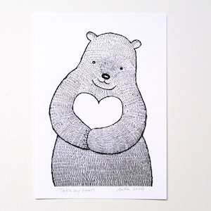 Take My Heart Bear Print: Minimalist Black and White Woodland Wall Art