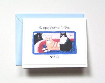 Funny Father's Day Card, Cat Dad Gift, Orange Tabby, Tuxedo, Black Cat, Cat lover Gift, Red Blue and White Rug, Quirky American Cat Folk Art