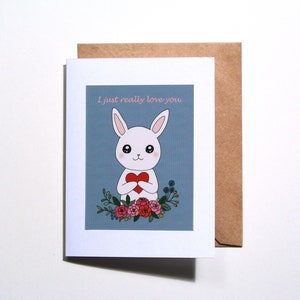 Carte d'amour lapin lapin, cadeau 1er anniversaire, je t'aime vraiment, mignon lapin de style anime japonais kawaii, lapin ours, sa carte d'anniversaire