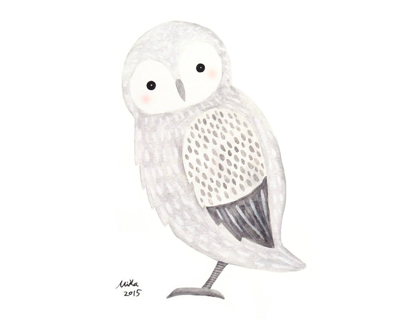 A cute snow owl with soft gray and white is looking at the viewer.  It has very lightly blushed pink cheeks.