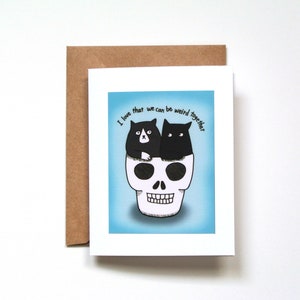 Carte d'anniversaire drôle, cadeau couple amoureux des chats noirs, cadeau amitié gothique, étrange ensemble, carte d'anniversaire unique pour petit ami, chats dans la tête de mort