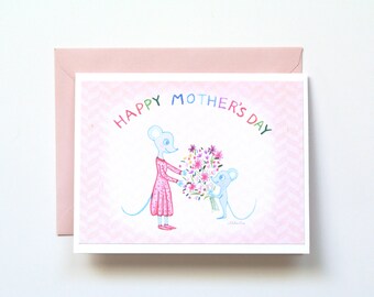 Naïve Art Mothers Day Card, Child-like Cute Mice with Flowers, Retro Card for Mom, Perfect For Mother's Day From The Kids, Rainbow Mom Gift