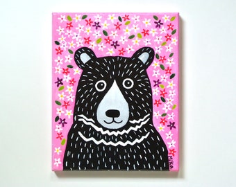 Bear Original Painting on canvas, Mothers day gift, Cottagecore Home Décor, Bright Colorful Naïve Folk Art Acrylic painting, Sweet Big Bear