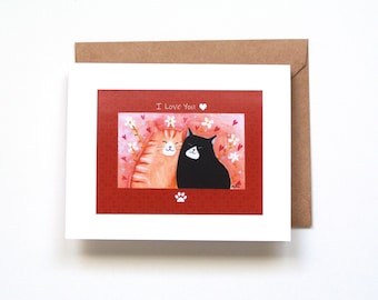 Cat Love Card, 1st Anniversary Gift, Orange Tabby Cat, Tuxedo Cat, Cat Lover Gift, Happy Cat Couple Card, Custom Message Card, Snuggle Cats