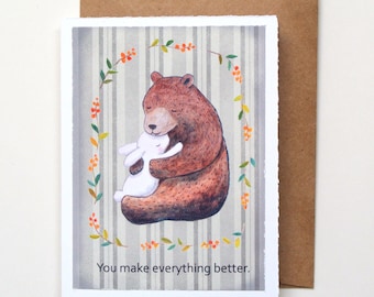 Bear Hugs Greeting Card, Bunny and Bear Art, Thinking of You