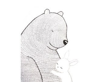 Bear & Bunny Ink Drawing Print, Mothers day Gift, Minimalist Woodland Nursery art, Black White Bedroom Wall Décor, Anniversary Gift, MiKaArt