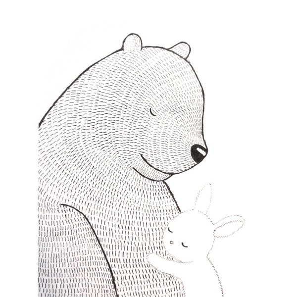 Bear & Bunny Ink Drawing Print, Mothers day Gift, Minimalist Woodland Nursery art, Black White Bedroom Wall Décor, Anniversary Gift, MiKaArt