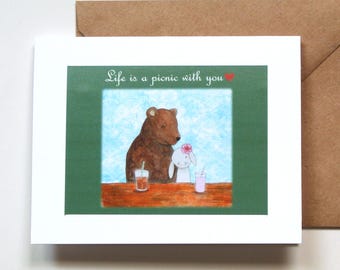Tarjeta de aniversario para pareja de oso y conejo, arte de picnic estilo cottagecore