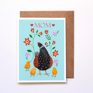 Carte de fête des mères mère poule poulet, cadeau pour maman de trois enfants, je t'aime maman, carte de voeux floral art folklorique poulet, cadeau d'anniversaire pour maman