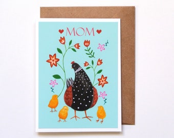 Mothers Day card, Gift for Mom of three kids, Mother Hen card, I love you mom card, Cute Chicken Art Greeting Card, Birthday card for Mom