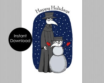 Funny Holiday card, Quirky Medieval Christmas card, Plague Doctor with Snowman, Instant download printable card, Easy Holiday Paper Craft