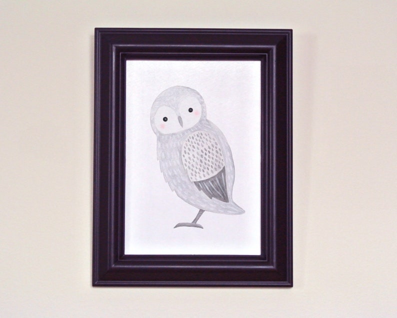 Owl Wall Art, Snowy Owl Illustration Print, Winter Woodland Animal Painting Print, Hygge Cottage Chic, Black & White Gray Neutral Home Décor image 7