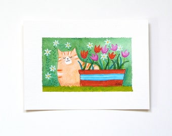 Orange Tabby Cat in Garden, ORIGINAL Hand-Drawn artwork on Paper, Mixed Media Painting, Unique Mothers day gift, Cat Lover Dad Gift, MiKaArt