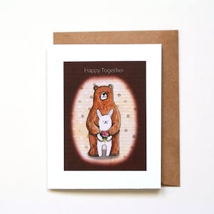 Carte de Saint-Valentin ours et lapin, jolie carte d'anniversaire, heureux ensemble, couple chaleureux et confortable, cadeau simple je t'aime, carte d'anniversaire pour lui/elle