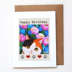 Calico Cat birthday card, Japanese Lucky Cat Maneki-neko Gift, Cat Lover Gift, Good luck Charm, Colorful Floral Birthday card, Cute cat Art